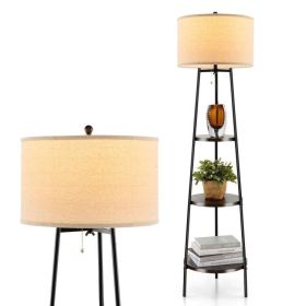Modern Floor Lamp 3-Tier Bookcase Shelf with Round Drum Linen Lampshade
