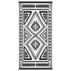 Reversible Outdoor Rug, Waterproof Plastic Straw With Carry Bag, 9 X 18, Black & White Square Patchwork (Color: Black)