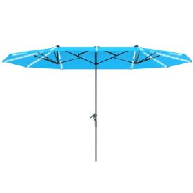 15ft Double-Sided Outdoor Umbrella With Solar Lights, Extra Large Aluminum Patio Umbrella With Crank, Blue (Color: Blue)