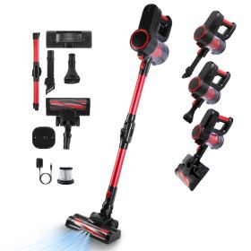 Cordless Vacuum Cleaner Lightweight Handheld Vacuum Upright Stick Floor Vacuum Battery Powered Mop With Lighting 2 Speeds 12000PA Suction 4 Tools (Color: Red)