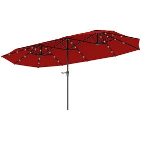 13ft Double-Sided Market Umbrella, Large Patio Umbrella With Solar Lights, Crank Handle For Garden, Pool, Yard, Wine Red (Color: Red)